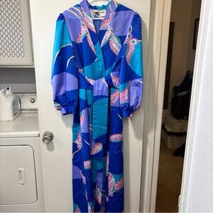 Vintage David Brown California Kimono Maxi Dress Butterflies Long House Robe M
